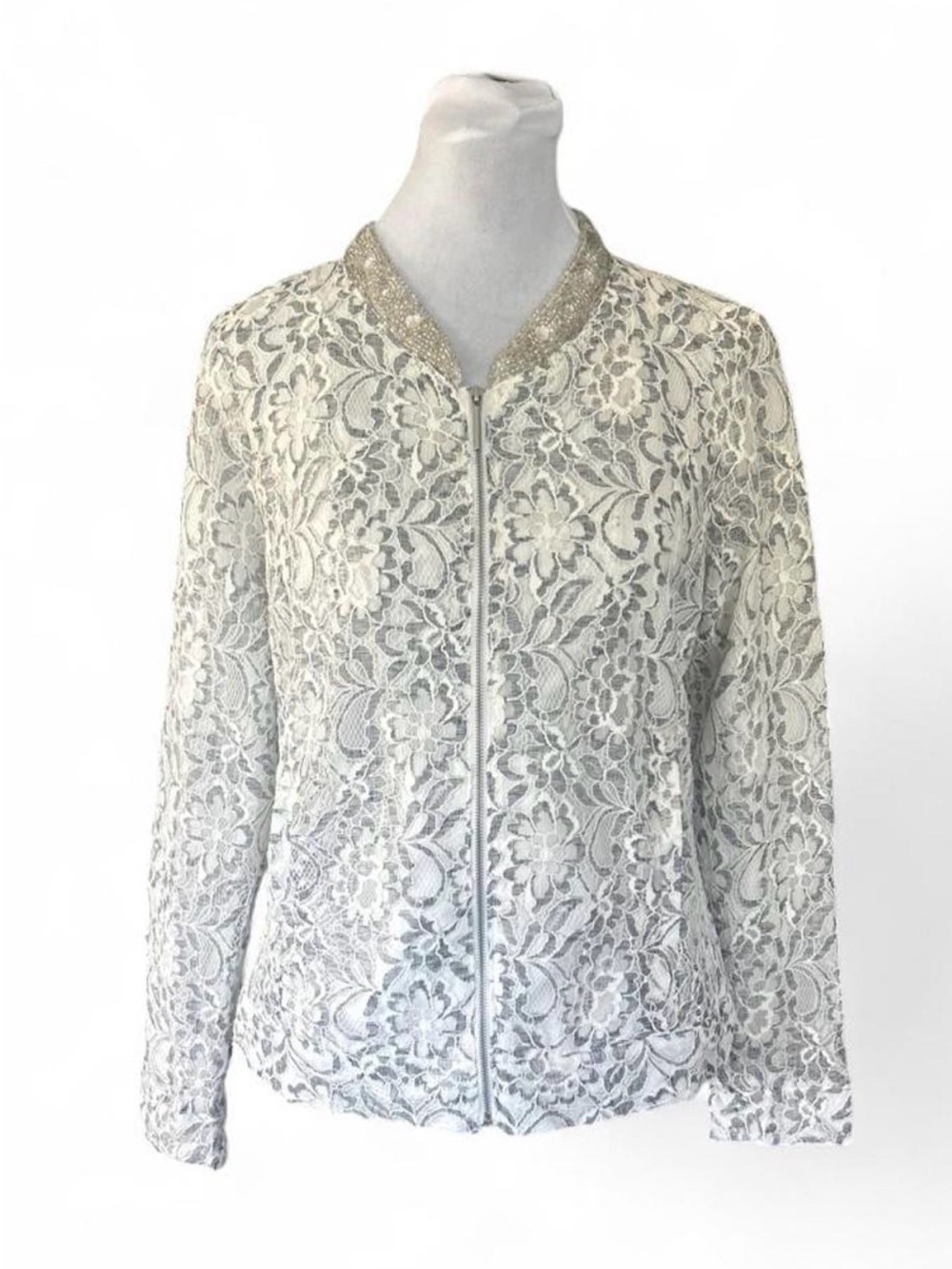 Lace Bomber Jacket in Ivory with Beaded Collar